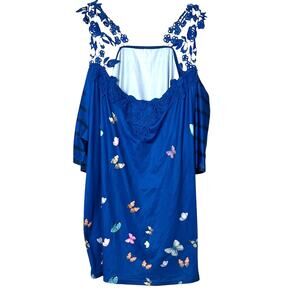 NO MFG. TAG SHORT/COLD SHOULDER PULL-OV CAMISOLE-WOMEN, L-BLUE-BUTTERFLIES, LACE